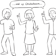 Three people moving and singing as part of fun large group energiser called Chic-A-Boom