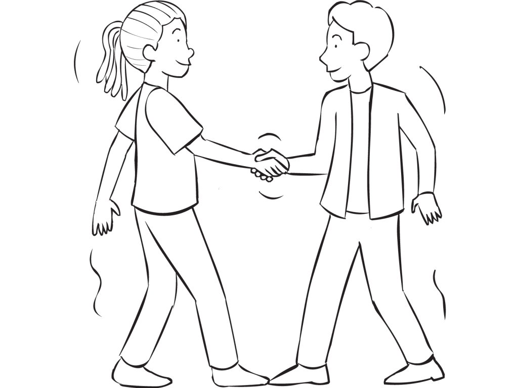 Two people facing one another holding hands playing fun partner balance game Toe to Toe