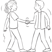 Two people facing one another holding hands playing fun partner balance game Toe to Toe
