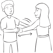 Two people holding both hands and facing one another involved in super-quick energiser called woodcutters warm-up