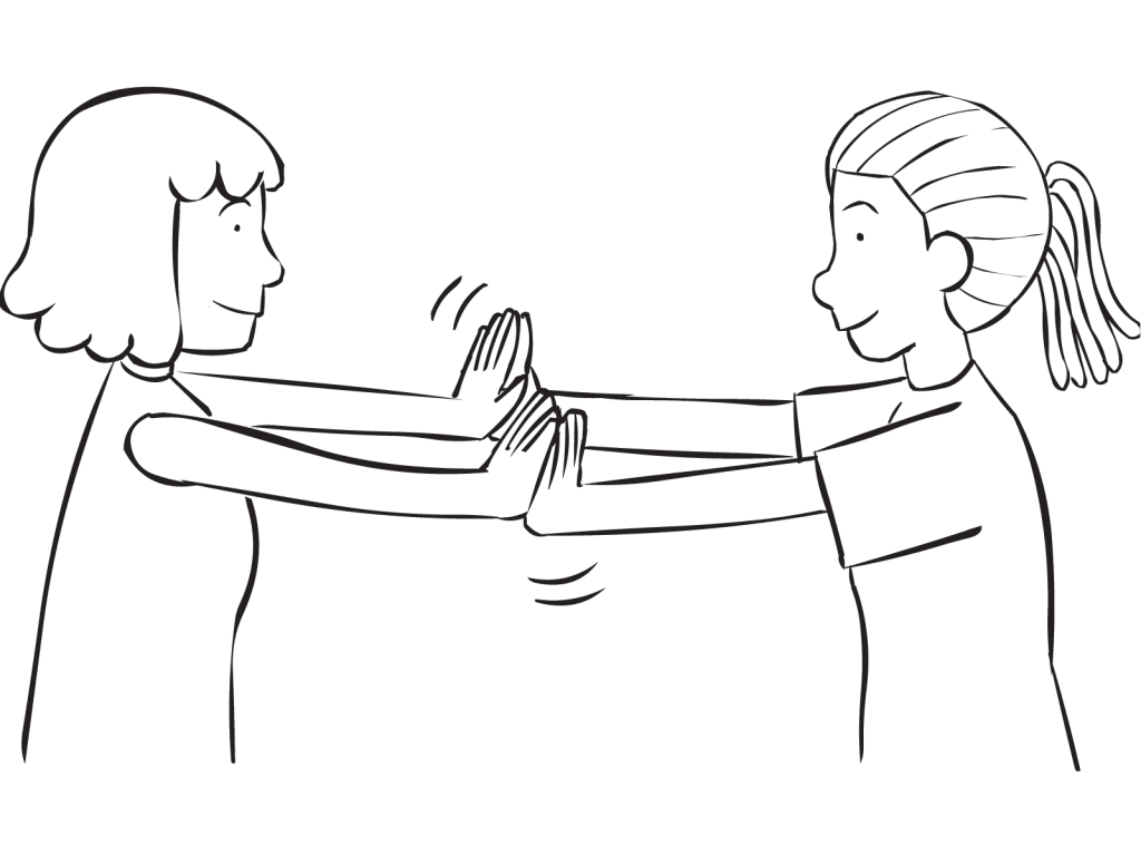 Two women involved in partner stretching exercise Isometric Stretch to warm-up their bodies