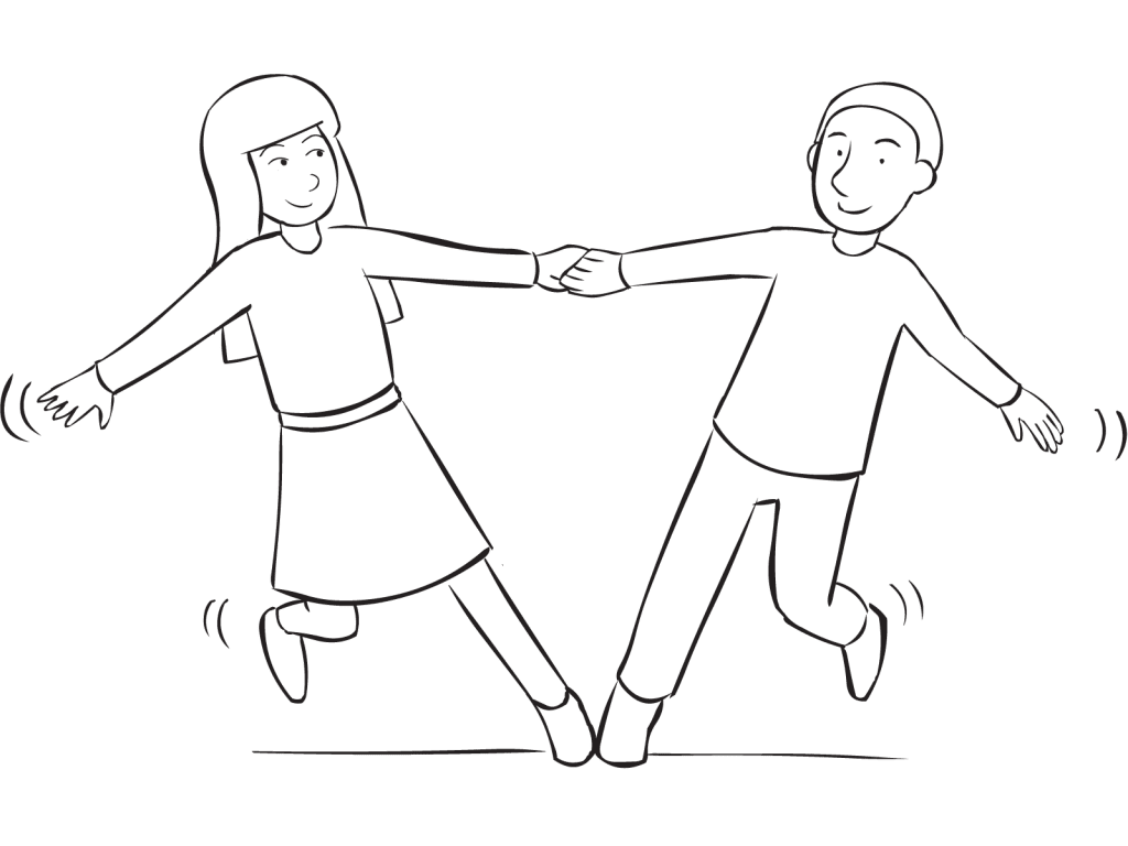 Two people holding hands and leaning away from each other as part of Star Stretch group warm-up exercise