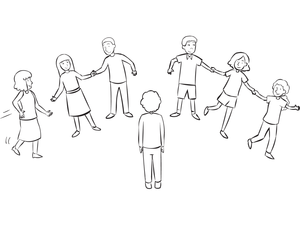 Group of people holding hands and moving quickly as part of team energiser game Quick Line-Up