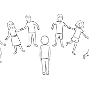 Group of people holding hands and moving quickly as part of team energiser game Quick Line-Up