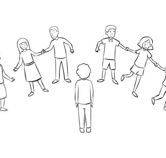 Group of people holding hands and moving quickly as part of team energiser game Quick Line-Up