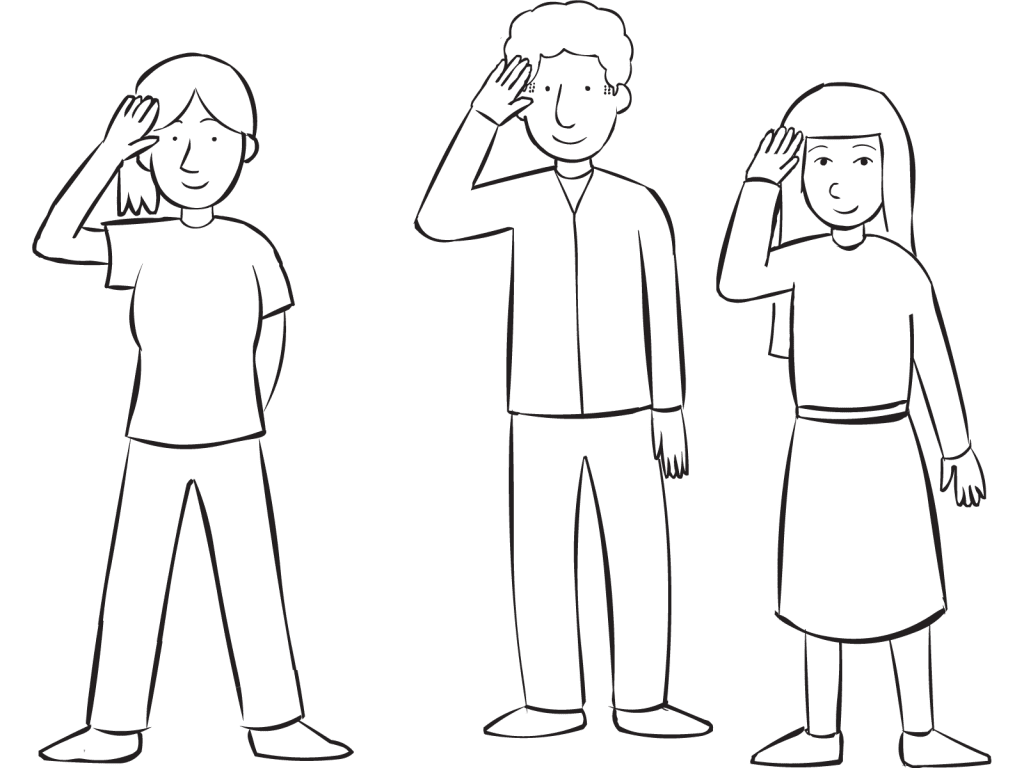Three people using right hand to salute, as part of Shipwreck active group game