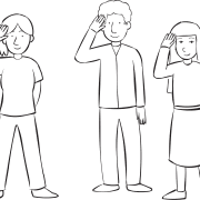Three people using right hand to salute, as part of Shipwreck active group game