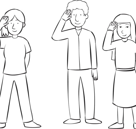 Three people using right hand to salute, as part of Shipwreck active group game