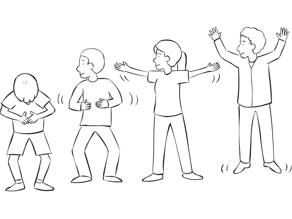 Line of people involved in series of warm-ups and stretches as part of fun warm-up game Wave Stretch