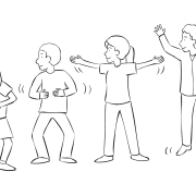 Line of people involved in series of warm-ups and stretches as part of fun warm-up game Wave Stretch