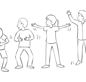 Line of people involved in series of warm-ups and stretches as part of fun warm-up game Wave Stretch