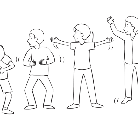 Line of people involved in series of warm-ups and stretches as part of fun warm-up game Wave Stretch