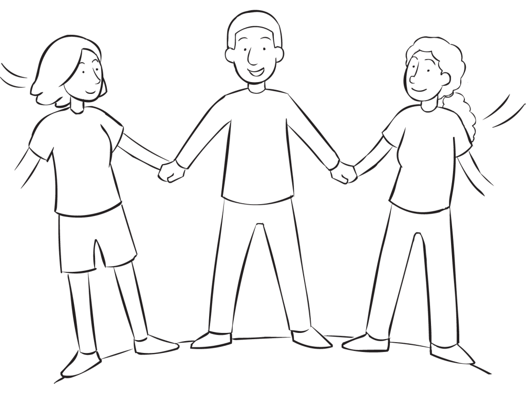 Three people holding hands and leaning back in group trust-building exercise called Yurt Circle