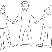 Three people holding hands and leaning back in group trust-building exercise called Yurt Circle