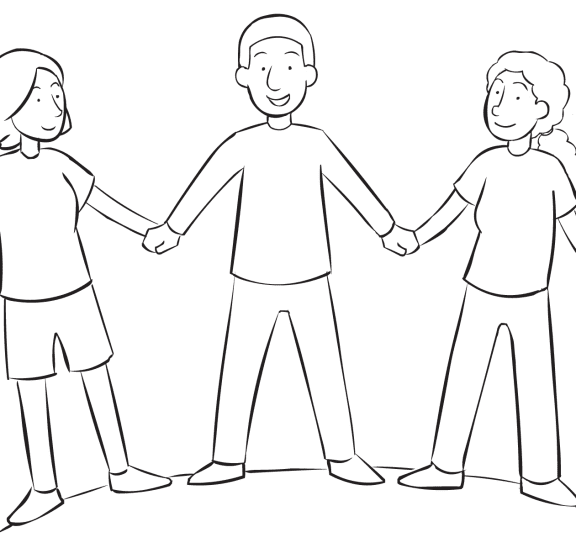 Three people holding hands and leaning back in group trust-building exercise called Yurt Circle