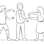 Three people using their bodies to look like an elephant, as seen in fast-paced circle game Speed Rabbit