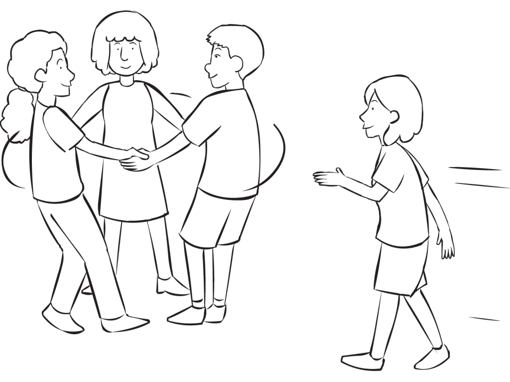 Four people playing energetic tag game of Triangle Tag