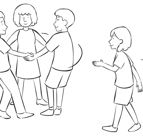 Four people playing energetic tag game of Triangle Tag