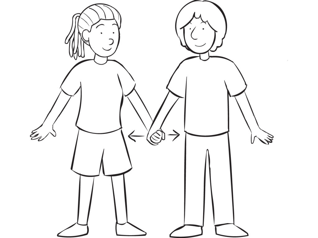 Two people standing side-by-side holding hands playing a quick partner energiser Hip Tag
