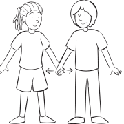 Two people standing side-by-side holding hands playing a quick partner energiser Hip Tag