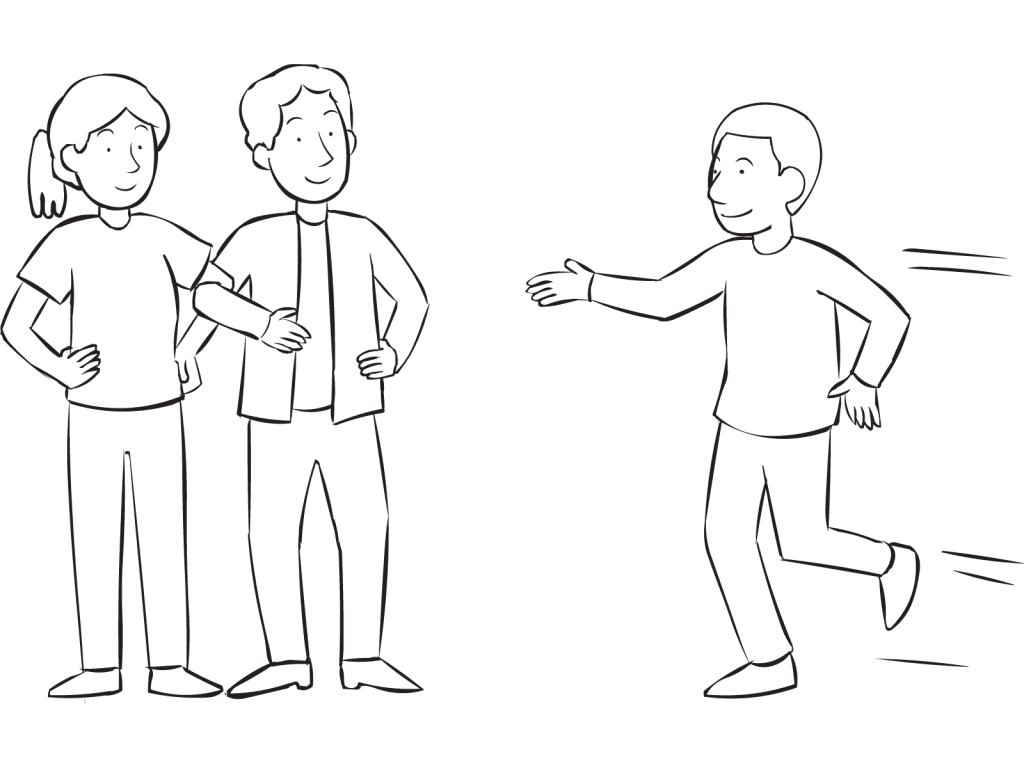 Three people moving quickly in a simple tag game called Elbow Tag