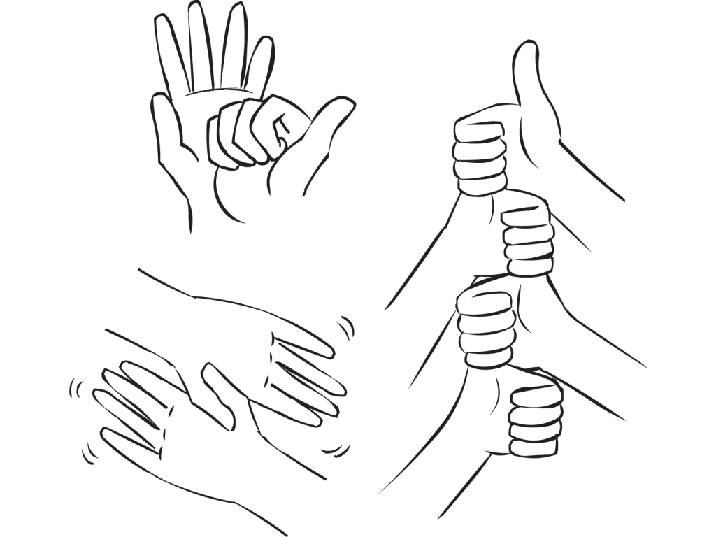 Three images of several hands involved in fun handshake greetings as part of Five Handshakes In Five Minutes ice-breaker