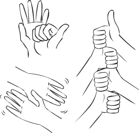 Three images of several hands involved in fun handshake greetings as part of Five Handshakes In Five Minutes ice-breaker