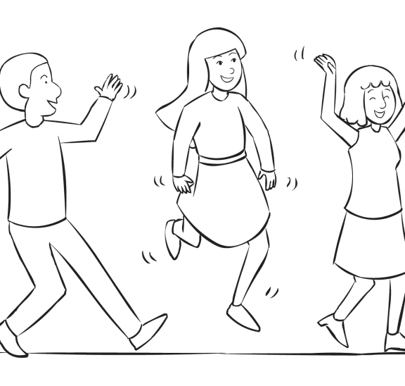 Three people walking strangely in creative team activity Funny Walk