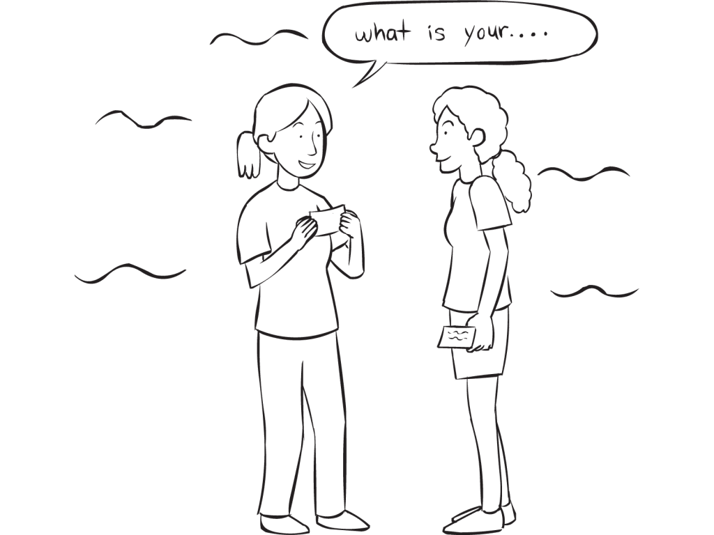 One person asking another a question printed on an index card as featured in conversational icebreaker activity Ice-Breaker Question Exchange