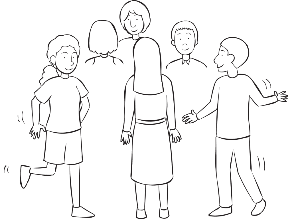 Large group moving quickly in enclosed area, as part of fun group energiser Left Person Right Person