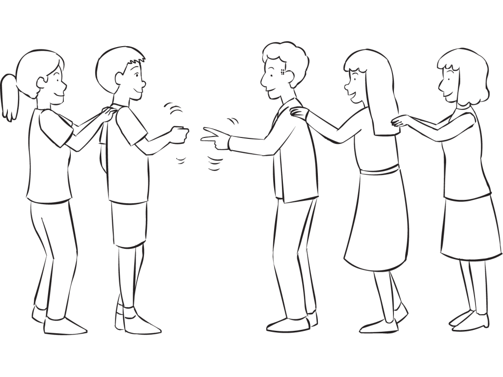 Two lines of people playing a version of Rock Paper Scissors in fun group game called Ro Sham Bo Congo