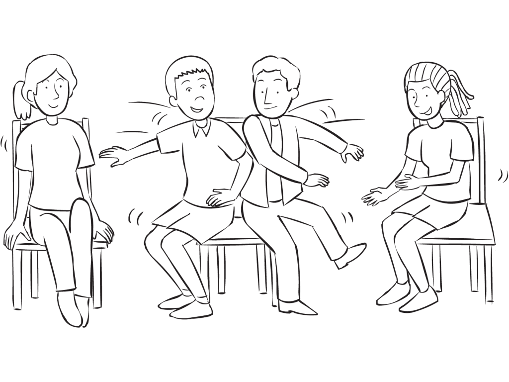 Two men bump into each other as they attempt to sit on same chair in fast game of The Wave fun group energiser