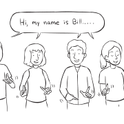 Group of people performing series of zany antics as part of fun large group energiser called Bill and The Button Factory