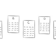 Five index cards with series of numbers printed on them, as used in the birthday number game Birthday Numbers