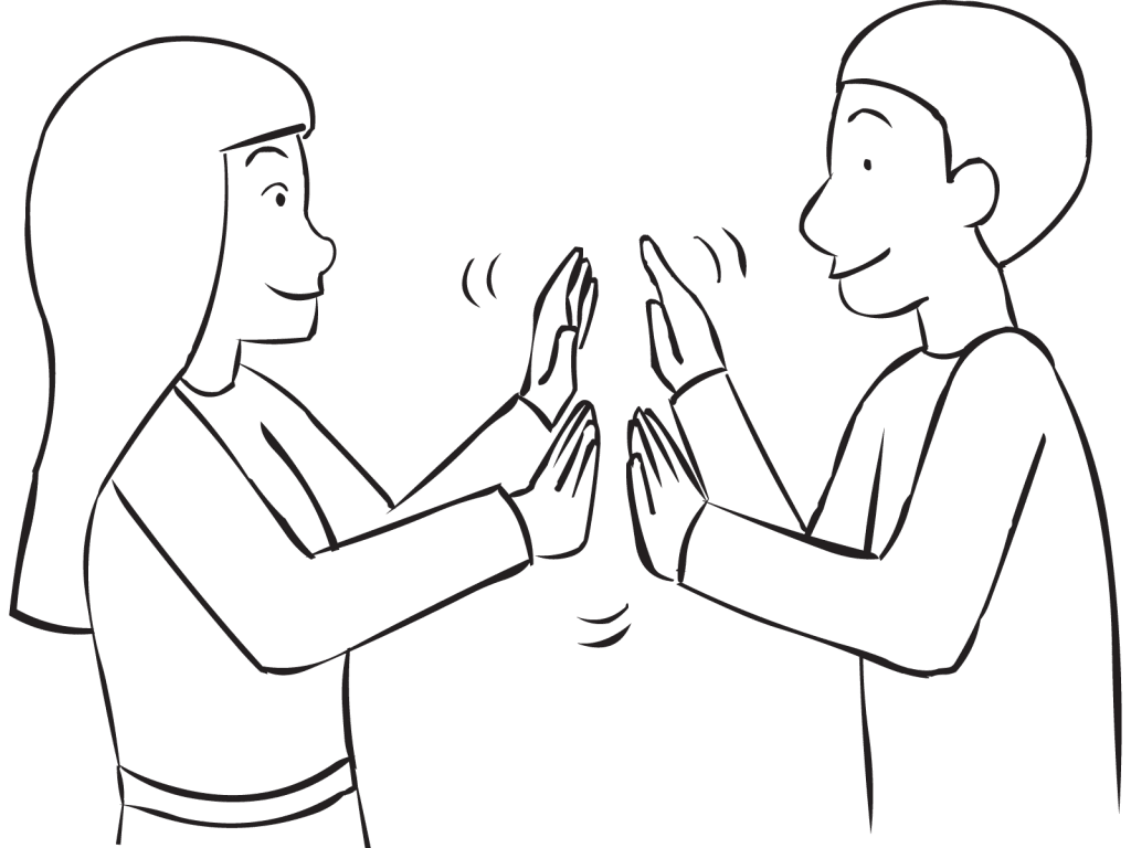 Two people clapping hands with each other as seen in Clap Trap rhythmic energiser game