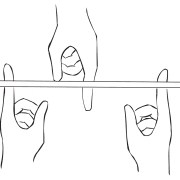 Three hands and fingers underneath a straight stick as seen in team cooperation challenge Helium Stick