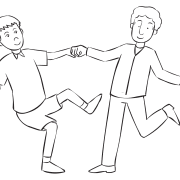 Two people holding hands and leaning Off-Balance from each other.