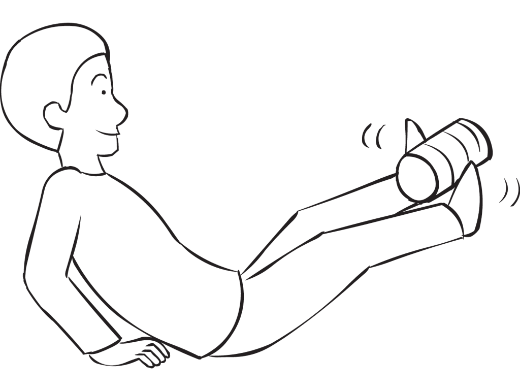 Man sitting on bottom holding a tin can between his feet, as seen in Tin Can Pass fun problem-solving exercise