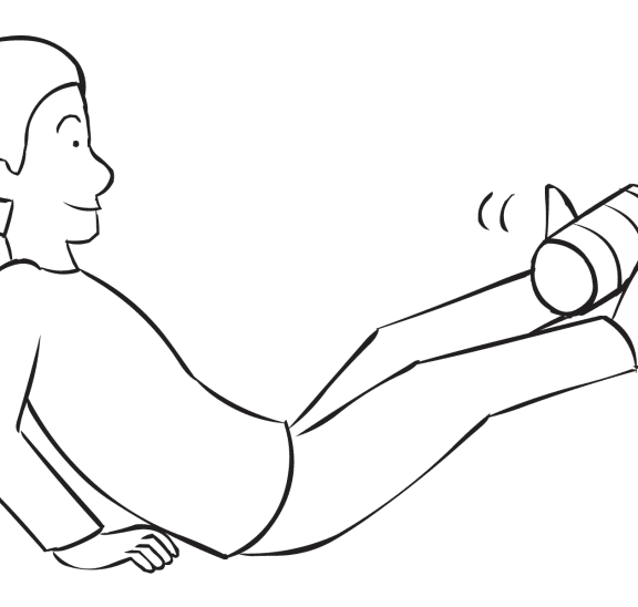 Man sitting on bottom holding a tin can between his feet, as seen in Tin Can Pass fun problem-solving exercise