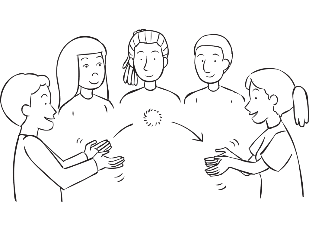 People passing a soft ball in a circle, as seen in active name game called Toss-A-Name Game