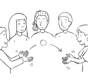 People passing a soft ball in a circle, as seen in active name game called Toss-A-Name Game