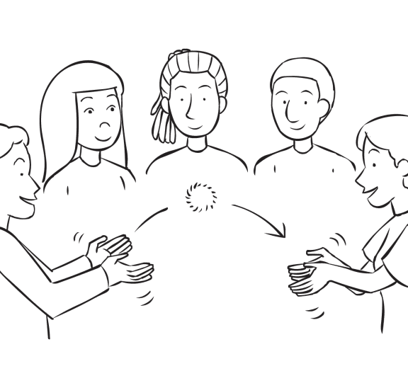 People passing a soft ball in a circle, as seen in active name game called Toss-A-Name Game