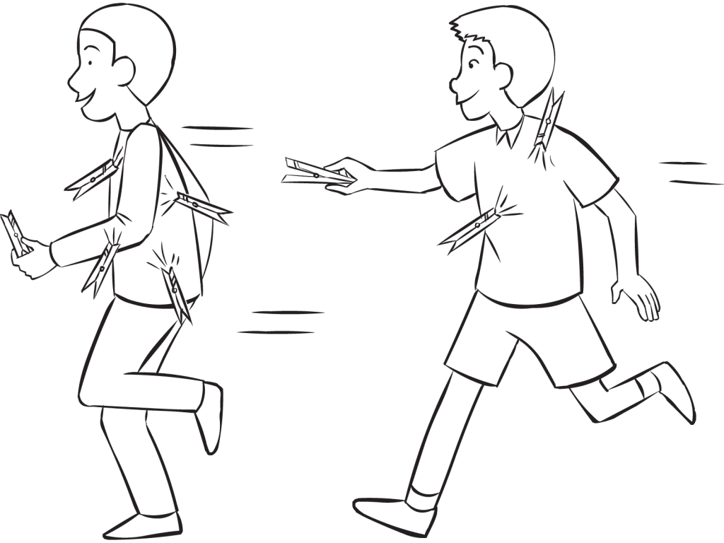 Two men running around in tag and PE game called Clothes-Peg Tag