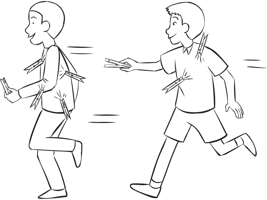 Two men running around in tag and active movement game called Clothes-Peg Tag