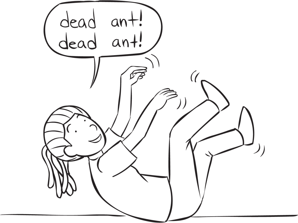 Woman lying on ground with arms and legs in air playing Dead Ant Tag game