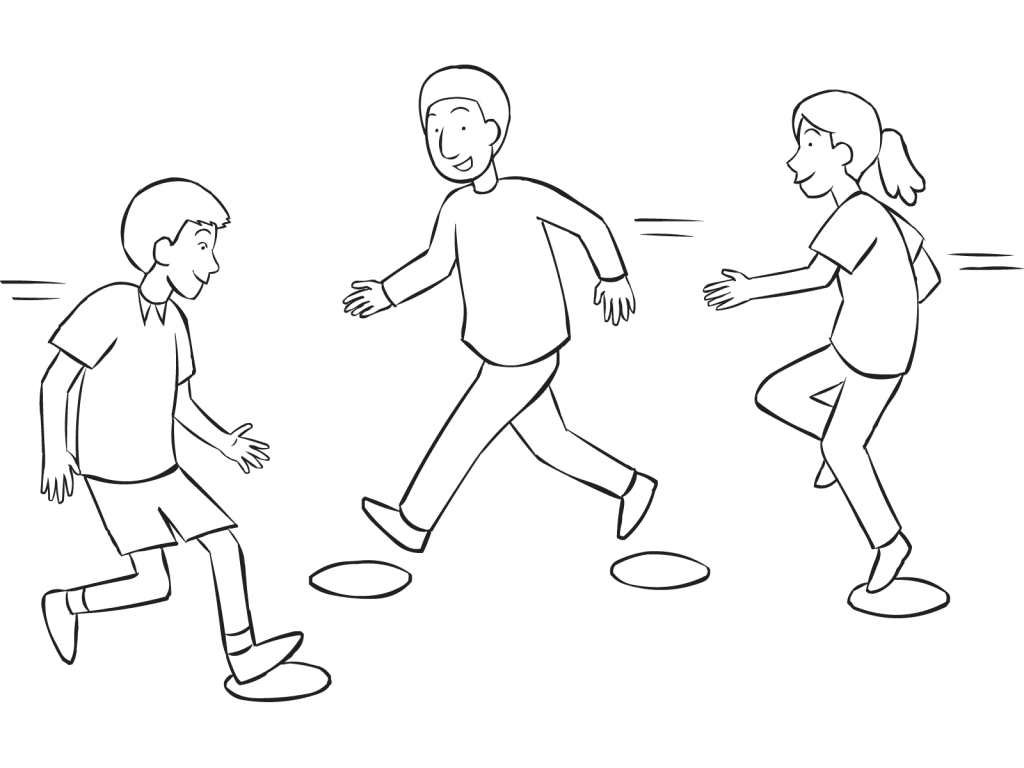 People moving quickly between spots on the ground as seen in rhythmic team-building game Metronome