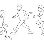 People moving quickly between spots on the ground as seen in rhythmic team-building game Metronome