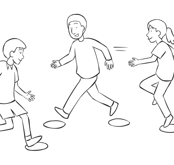 People moving quickly between spots on the ground as seen in rhythmic team-building game Metronome