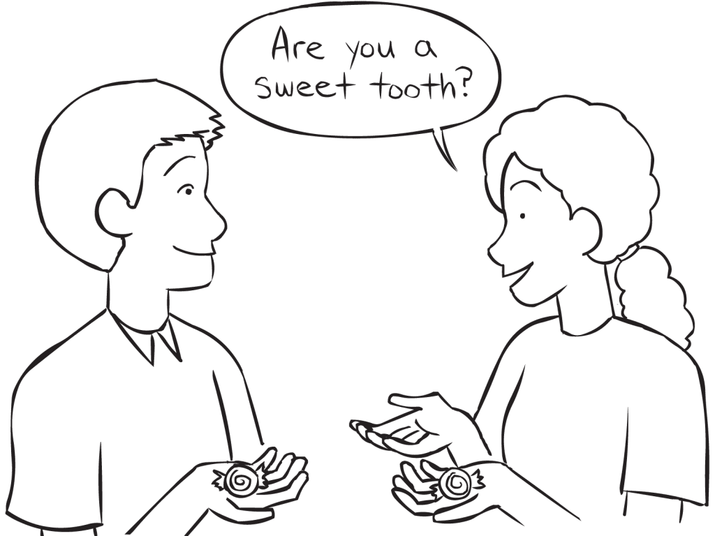 Two people holding sweets playing the fun get-to-know-you game Mintie Game