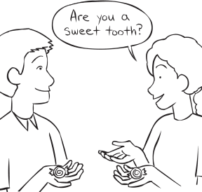 Two people holding Mintie sweets playing the Mintie Game